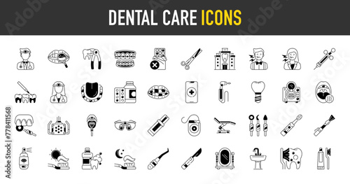 Dental care icons set. Such as binoculars, toothache, medicine, clinic, syringe, braces, checkup, floss, dentist, mirror, scalpel, autoclave, breath, implant, scissor vector icon illustration