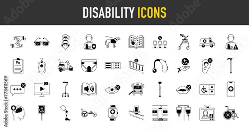 Disability icon set. Such as anatomy, stair, diaper, rollator, tactile paving, wheelchair, guide dog, cane, seat, sunglasses, braille, ramp, audio book, tv, racing, insurance vector icons illustration