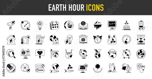 Earth hour icons set. Suh as climate change, ecology, green energy, park, weather, global warming, renewable, greenhouse, melting ice, earth pollution, emission, battery vector icon illustration.