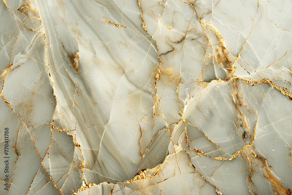 A close-up of a polished gold marble texture, highlighting the contrast between the subtle sheen of the gold veins and the matte finish of the stone. 32k, full ultra HD, high resolution