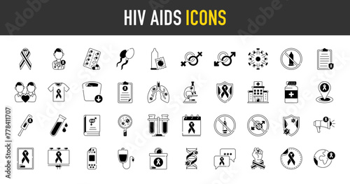 aids hiv icon set. Such as test, blood, pills, unprotected, medical report, tube, medicine, couple, protection, forbidden, dna, sperm, world, protect, doctor, campaign, insurance vector icons.