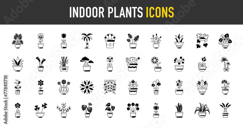 Indoor plants in flower pot icons set. Such as vases, spider, coconut, palm, violet, aloe, tulips, bamboo, bonsai, cactus, money plant, jade, jasmine, lotus, orchid, saffron vector icon illustration.