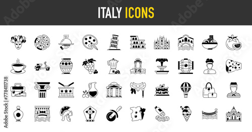 Italy icons set. Such as tourism and culture, salami, tomato, coffee, fountain, cheese, chef, colosseum, column, cloche, drum, gelato, grape, handbag, balloon, keg, mardi gras vector icon illustration