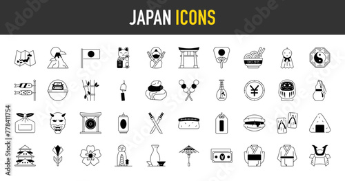 Japan icon set. Such as maneki neko, wind chimes, map, sake, onigiri, fuji mountain, kabuki, helmet, stones, sushi, daruma, bamboo, coin, dango, drink, geta, gong, katana vector icons.