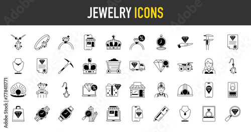 Jewelry icons set. Such as ring, necklace, bracelet, online store, wristwatch, truck, pickaxe, caliper, shopping bag, diamond, mine cart, delivery, pickaxe, caliper, crown, pearl, miner vector icon.