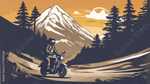 illustration of a motorcyclist with a mountain background