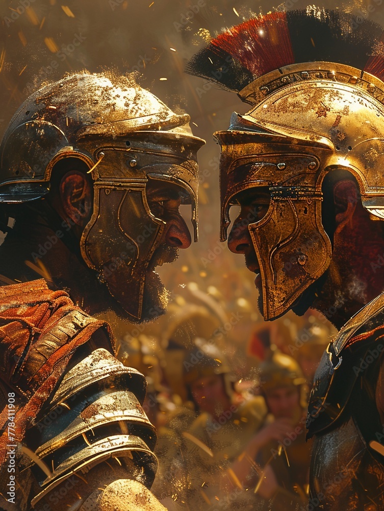 Gladiators in the Roman arena, facetoface, tense moment, dust swirling ...