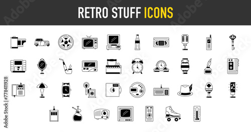 Retro stuff icons set. Such as camera roll, brick phone, lamp, smoking pipe, pc, car, soda bottle, microphone, pager, roller skate, faberge, ink, thermometer, alarm clock, cd vector icon illustration