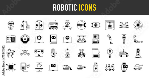 Robotic icons set. Such as machine, delivery, bot, battery,  learning, brain, ai, head, technology, welder, surgery robot, chatbot, drone, 3d printer, driller, leg, memory vector icon.