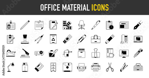 Office material icons. Such as glue, notebook, material, pen, scissors, stapler, ruler, eraser. Office tools and equipment vector icon set for education.