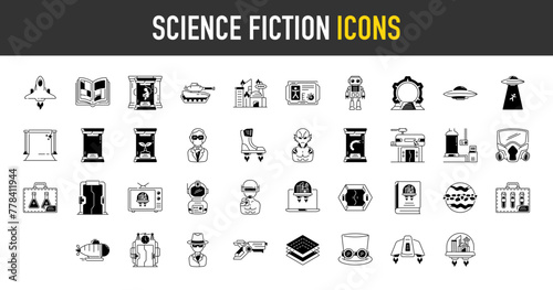 Science fiction icons set. Such as comic, spaceship, dimensions, tank, samples, blog, green screen, teleportation, movie, healing, ufo, spy, blaster, alien, android vector icon.