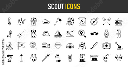 Scouts icons set. Such as tent, shore, beanie, animal, pocket knife, water cooler, sign post, bonfire, wristwatch, flag, scarf, pegs, location, search, torch, raft, compass vector icon.