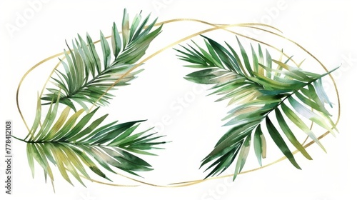 Watercolor illustration on white background with gold and green tropical palm leaves. Peaceful scene of nature.