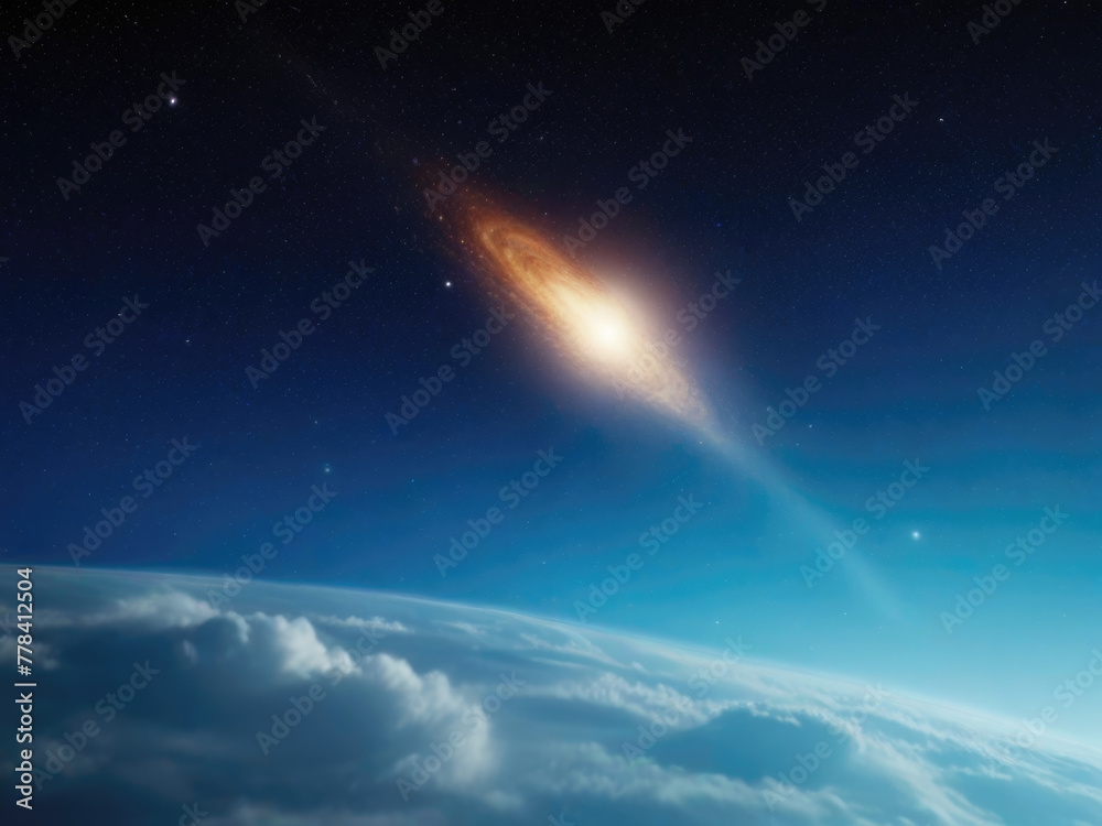 View from Space of Earth with a Flying, Burning Comet, A Spectacular Cosmic Scene Illustrating the Beauty and Dynamism of the Universe