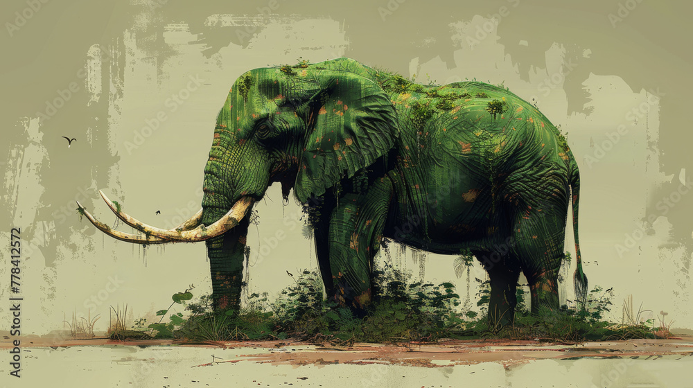 Fototapeta premium A majestic, towering green elephant grazes peacefully on the verdant grassy meadow below A bird soars effortlessly overhead