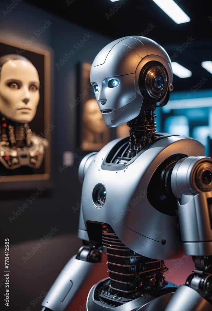 Naklejka premium A robotic military robot stands in a dark room, facing a screen