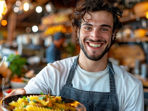 Man with fusilli curls, rustic trattoria, lively, soft natural light, vibrant, highdefinition , 8K , high-resolution, ultra HD,up32K HD