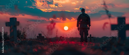 Twilight Tribute: A Silent Soldier's Remembrance. Concept Military Sacrifice, Sunset Salute, Memorial Reflections, Quiet Honor, Dusk Dedication