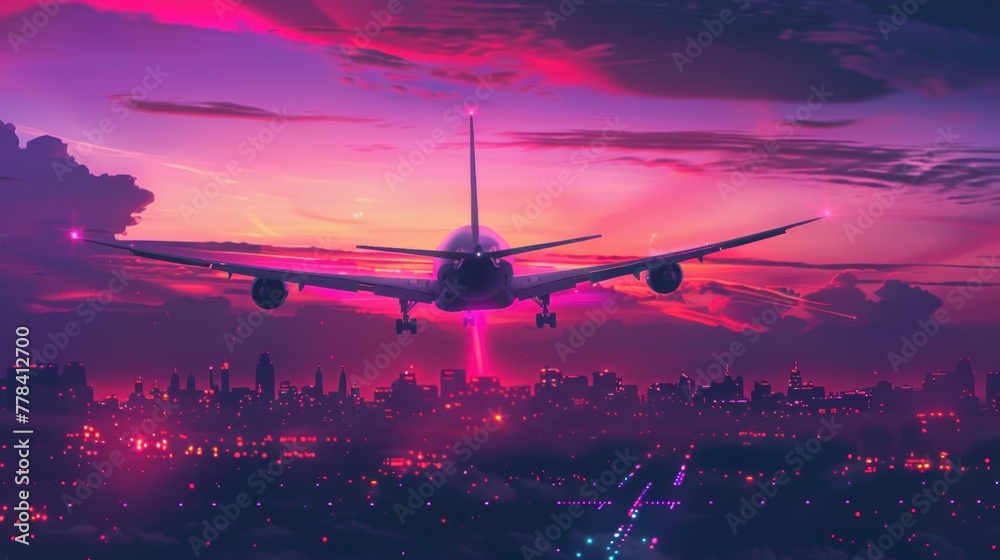 Airplane is flying in colorful sky over the city at night. Landscape with passenger airplane, skyline, purple sky with red and pink clouds. Airplane is flying in colorful sky over the city at night. Landscape with passenger airplane, skyline, purple sky with red and pink clouds.