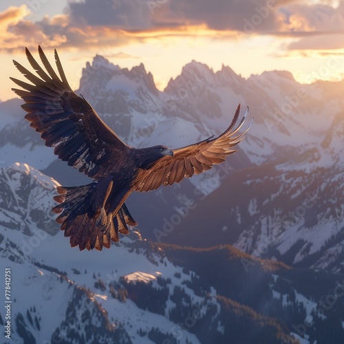 Metal eagle soaring over mountains, sunset colors, wide lens, dynamic shadows, highdetail, cinematic , 8K , high-resolution, ultra HD,up32K HD