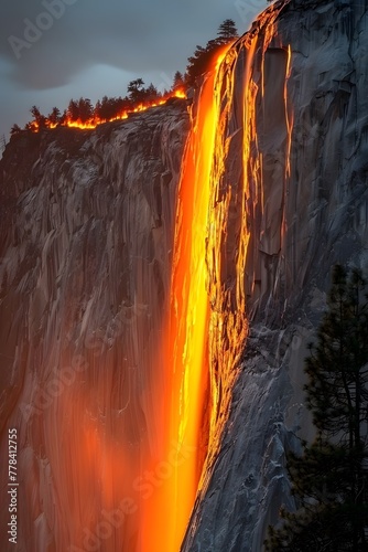 a large waterfall with a stream of lava coming out of it photo