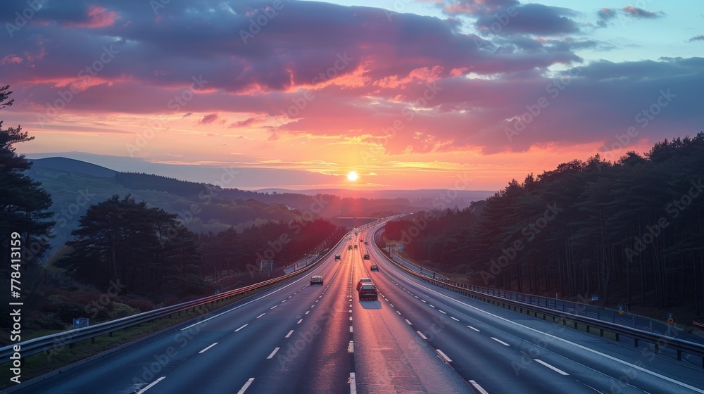 Highway With Sunset Background