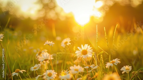 daisy blooms in a field on sunset © pector