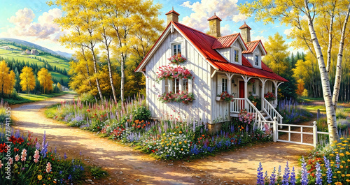 Oil painting on canvas summer landscape with wooden old house, beautiful flowers and trees.