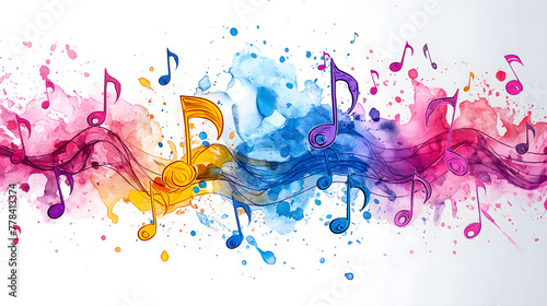 Colorful musical notes on watercolor splashes background. Music concept