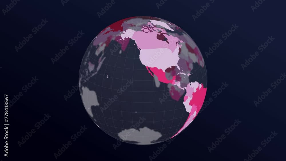 The globe with world map. Dark translucent earth planet in purple red colors rotating. Second turn changes colors to red hues. 4k captivating loop animation. The globe with world map. Dark translucent earth planet in purple red colors rotating. Second turn changes colors to red hues. 4k captivating loop animation.