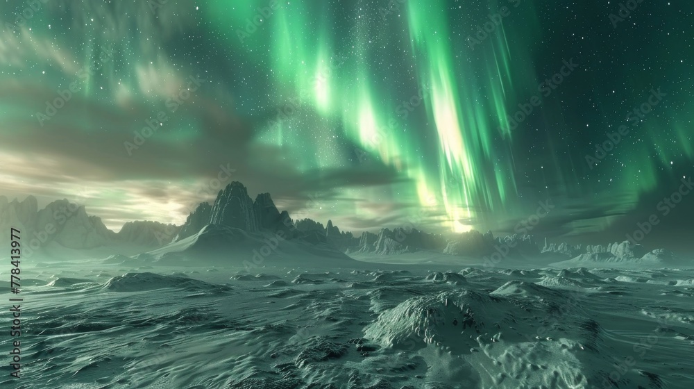Dynamic 3D Aurora Borealis Sky over Snowy Landscape.
