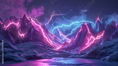 Render of a 3D landscape with glowing lightning symbol and rocky mountains in an abstract neon background