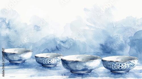 Elegant Ceramic Dishware on Gentle Blue Watercolor Textured Backdrop.