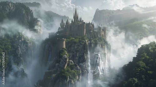 An enchanted castle perched atop a rugged cliff  surrounded by swirling mists and thundering waterfalls  