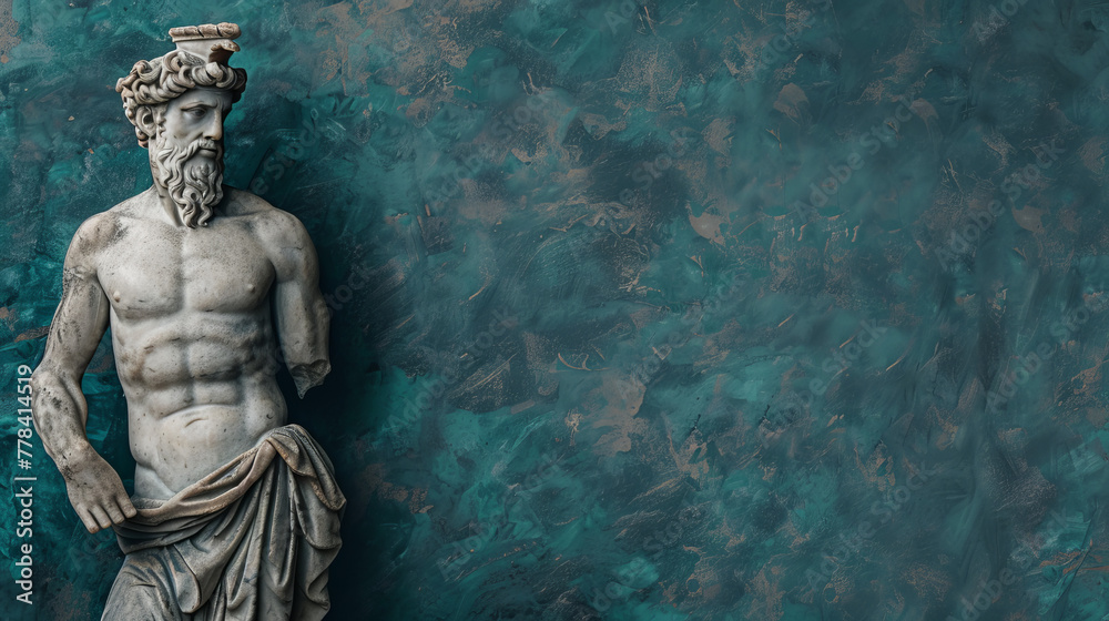 A statue depicting an ancient Greek god with a detailed beard and hair, set against a textured dark turquoise background