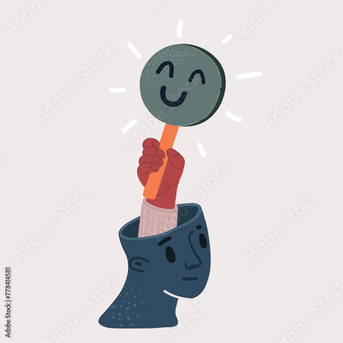 Cartoon vector illustration of Hands holding green happy smile face, good feedback rating, positive customer review,experience, satisfaction survey, mental health assessment, world mental health day, 