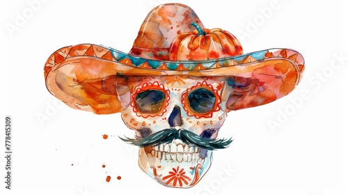 Human skull with moustache wearing pumpkin hat. Watercolor illustration. Isolated on white background. Mexican holiday or Halloween clip art.