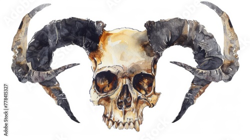 Clip art illustration of a human scull with three horns in watercolor. Devil clipart isolated on white background.
