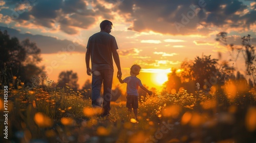 Man and Child Walking Through Field at Sunset