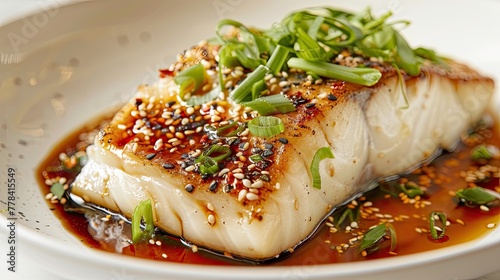 Cod loins with vegetables, spices and soy sauce.
