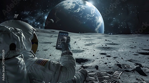 An astronaut sitting on the moon, taking pictures to earth with his phone.