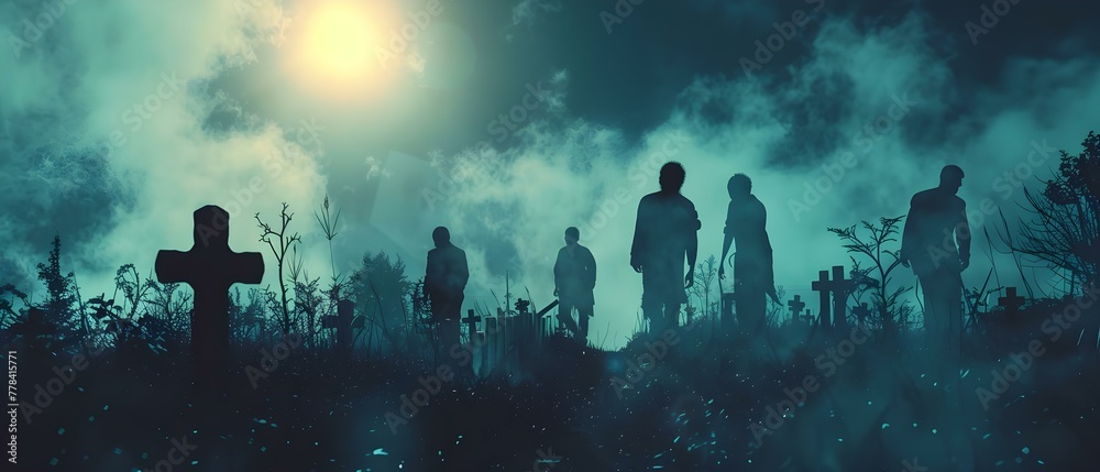 Silhouetted Zombies in Misty Graveyard Under Eerie Moonlight. Concept Horror Photoshoot, Silhouette Photography, Graveyard Setting, Zombie Models, Moonlight Atmosphere - obrazy, fototapety, plakaty 