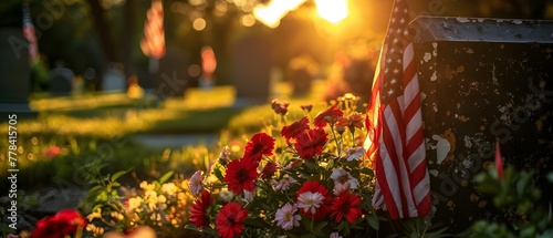 Patriotic Tribute at Sunset: Flag & Flowers Honor Veterans. Concept Patriotic Tribute, Sunset Photoshoot, Flag and Flowers, Honor Veterans, Outdoor Setting photo