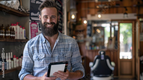 A cheerful bearded man in a plaid shirt holds a tablet in a modern barbershop.