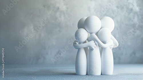 3D illustration of a comforting family group hug, symbolizing mental health support and love. photo
