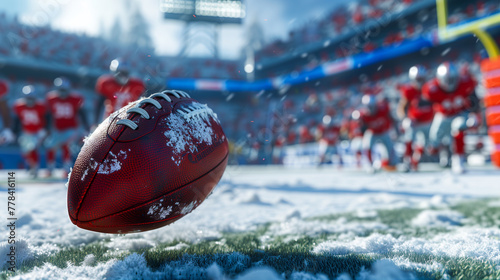 A football dusted with snow lies in focus with blurred players and stadium in the background © weerasak
