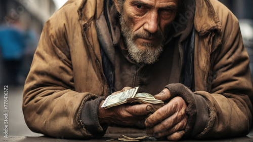 poor man homeless with dirty hands eating piece of bread in modern capitalism society photo