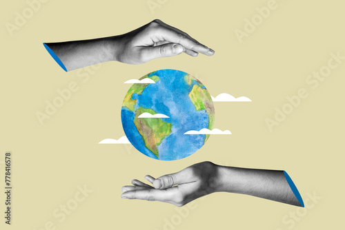The concept of environmental protection. Earth in hands on a beige background. Earth Day. Collage