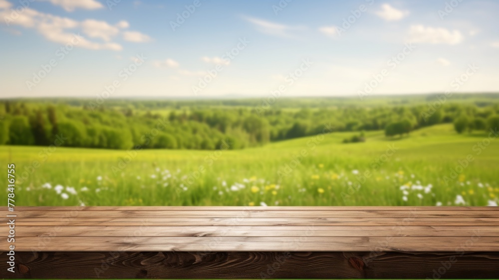 Wooden table in green field