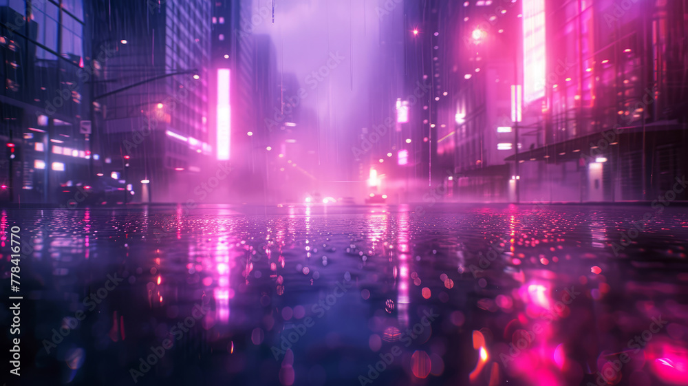 Rainy city street under a violet sky framed by a glowing rectangular neon sign Rainy city street under a violet sky framed by a glowing rectangular neon sign